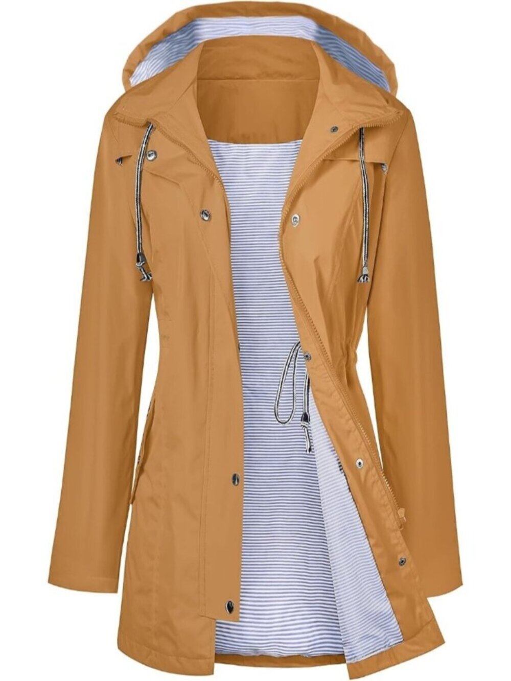 Women Khaki Hooded Waterproof Adjustable Drawstring Windbreaker Trench Rain Coat